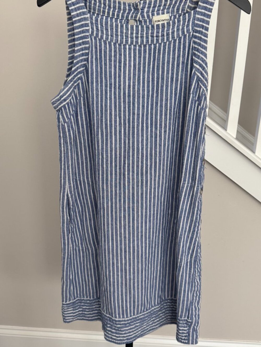 Large Blue and White Sheath Dress with Side Buttons and Keyhole Back